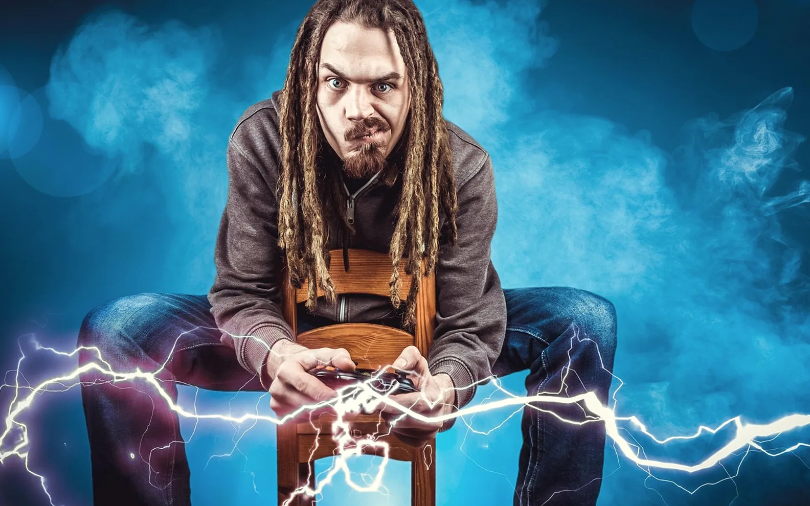 Gamer, man and lightning